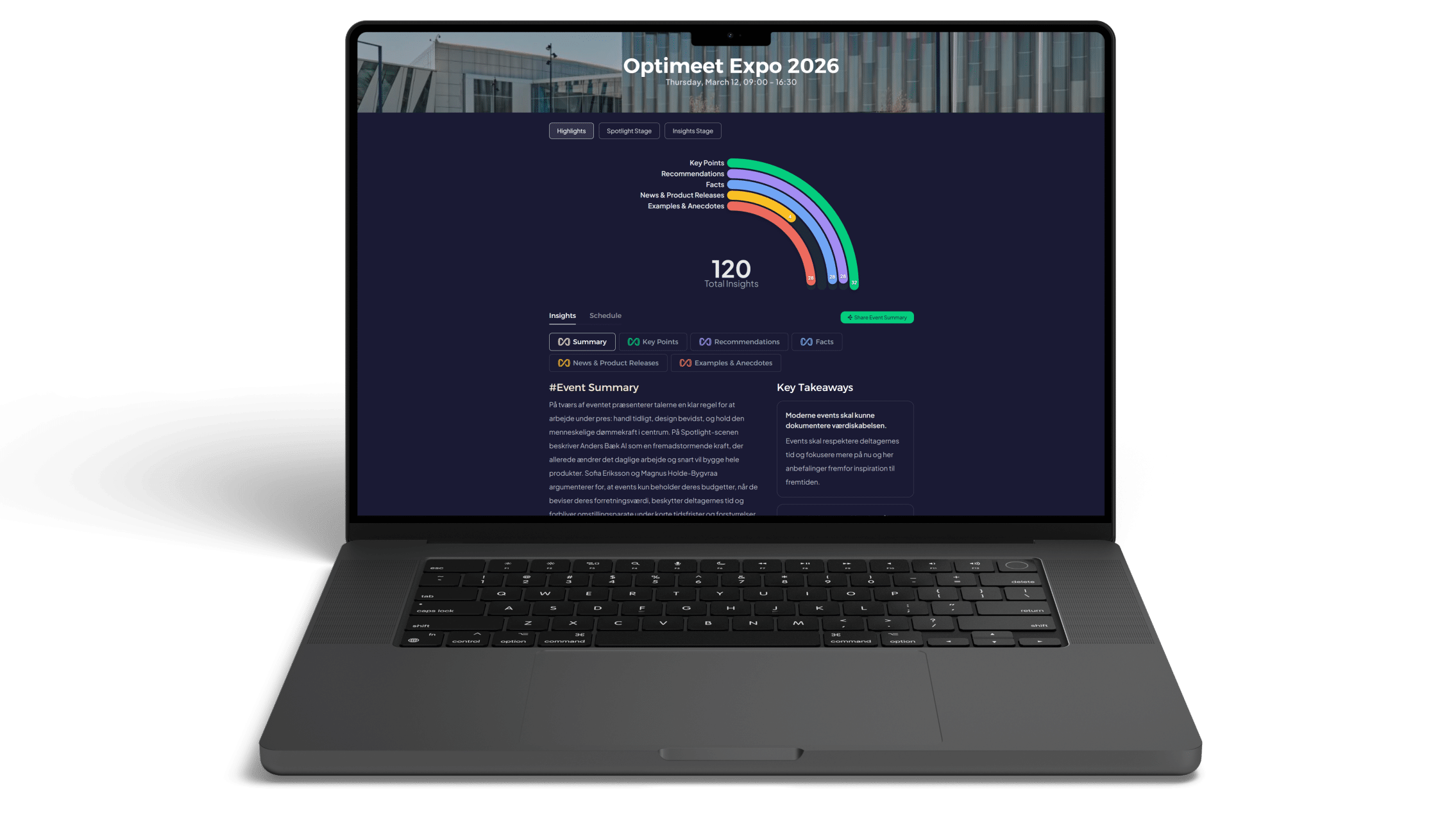 MacBook-Pro-16 A StreamWerk eventsite shown on a laptop: the Optimeet Expo 2026 knowledge hub with 120 insights, an event summary and key takeaways